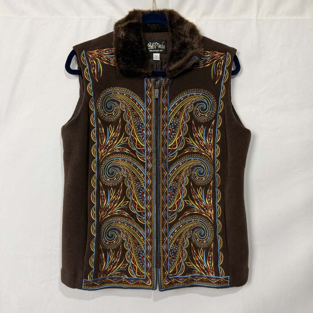Bob Mackie Wearable Art Brown Embroidered Paisley Faux Fur Vest Medium Vintage